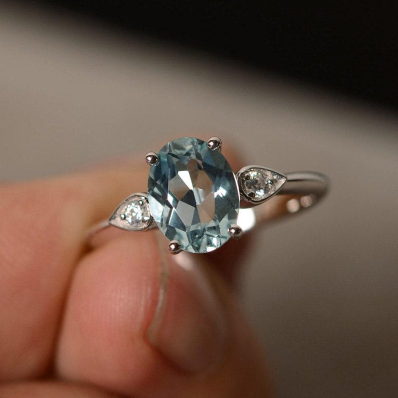 Natural Aquamarine Ring Silver Oval Aquamarine Ring Engagement Ring image 2