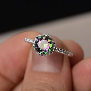 Mystic Topaz Statement Ring Sterling Silver Round Cut Rainbow Topaz Milgrain Ring