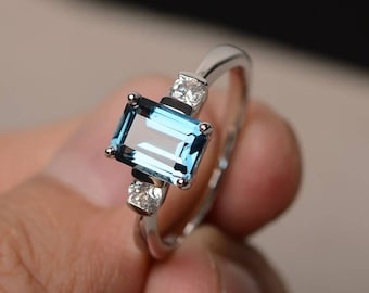 London Blue Topaz Ring Verlovingsring Emerald Cut blauwe edelsteen sterlingzilveren ring