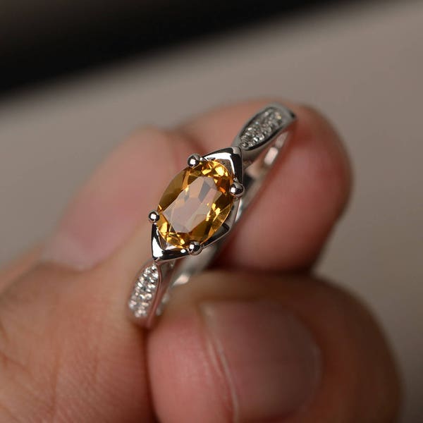 Natural Citrine Ring Yellow Gemstone November Birthstone Oval Cut Gemstone Sterling Silver Ring