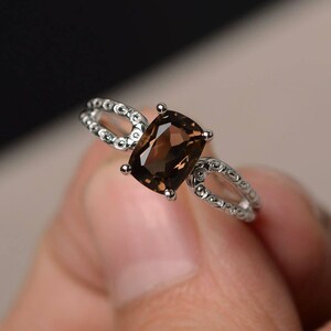 Natural Smoky Quartz Rings Promise Rings Brown Gemstone Sterling Silver Rings Cushion Cut Rings Solitaire Rings