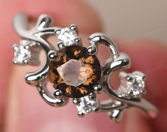 Unique Design Smoky Quartz Statement Ring Round Shape 0.81 Carat Brown Stone Art Deco Ring
