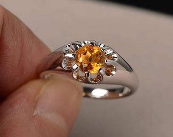 November Birthstone natürliche Citrin Ring Versprechen Ring Sterling Silber Ring Rundschliff Gelb Edelstein Ring Solitär Ring
