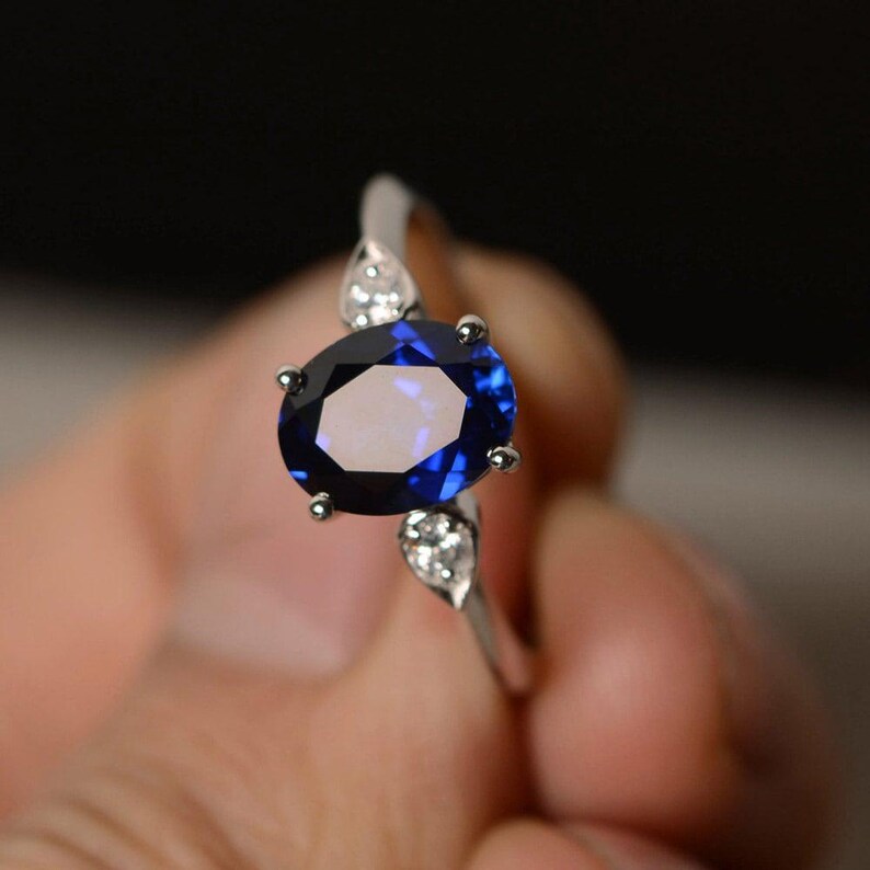 Blue Sapphire Ring Oval Sapphire Ring Sterling Silver image 1