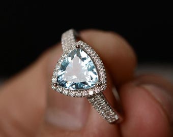Anillo de aguamarina natural, anillo de plata de lujo, piedra natal de marzo, anillo de compromiso, anillo de promesa, anillo fino, piedra preciosa de aguamarina