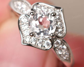 Simulated Diamond Floral Wedding Ring Round Shaped White Topaz November Birthstone Ring