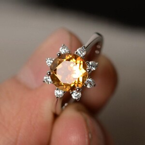 Natural Citrine Ring Gemstone November Birthstone Round Cut Gemstone Ring