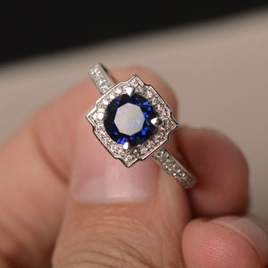 Created Sapphire Ring  Round Cut Blue Gemstone Rings Square halo Rings Sterling Silver 925 Engagement Rings