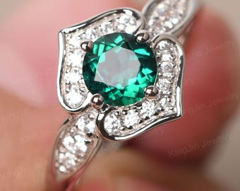 Round Shaped 0.84 Carat Emerald Engagement Ring 14K White Gold Flora May Birthstone Ring