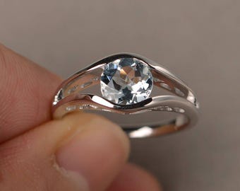 März Birthstone Natürlicher Aquamarin Ring Versprechen Ring Rundschliff Blauer Edelstein Ring Sterling Silber Ring Solitär Ring