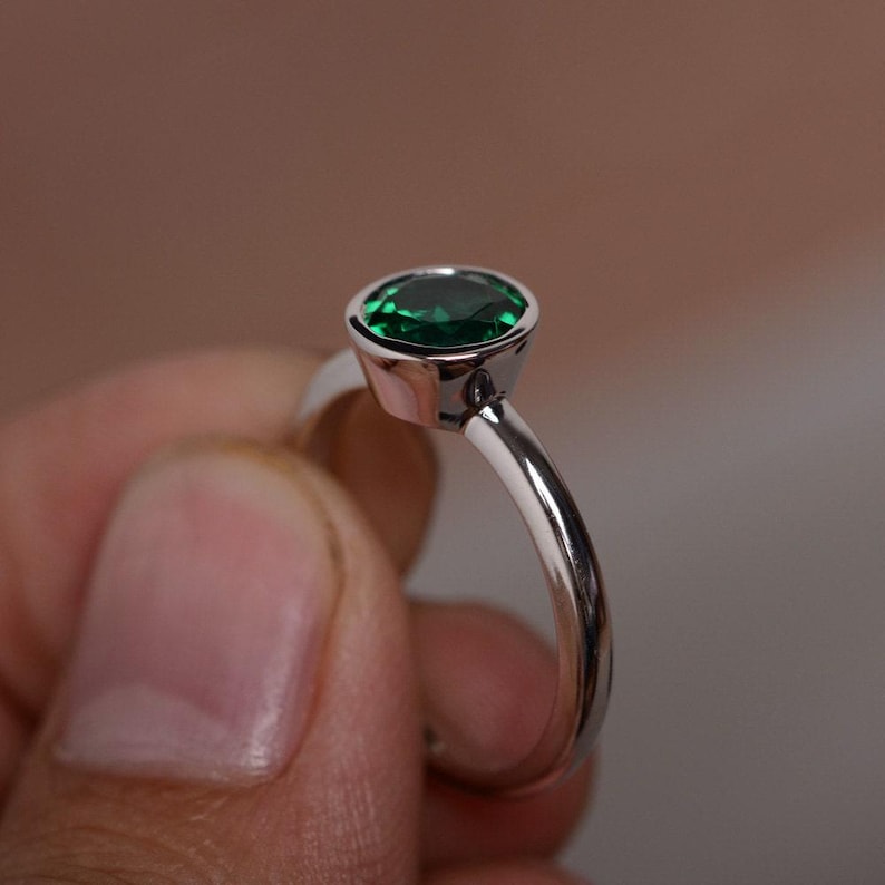 Lab Emerald Ring Gemstone Ring Sterling Silver Ring Bezel Ring Engagement Ring Birthstone Ring image 3