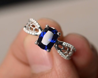 Unique Engagement Rings Blue Sapphire Rings September Birthstone Sterling Silver Rings Cushion Cut Rings