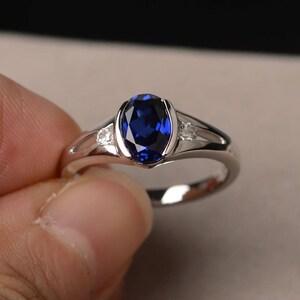 Oval Cut Lab Sapphire Ring Promise Ring Blue Gemstone Sterling Silver Ring September Birthstone