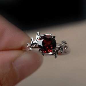 Natural Red Garnet Engagement Ring Sterling Silver Garnet Solitaire Ring For Women
