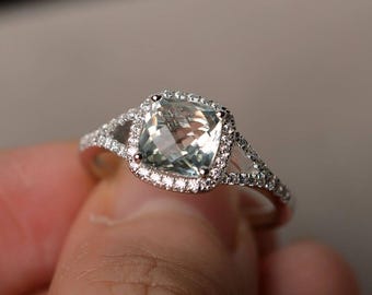 Cushion Cut Natural Green Amethyst Ring Engagement Ring February Birthstone Gemstone Sterling Silver Ring