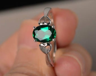 Lab Emerald Ring Engagement Ring Oval Cut Green Gemstone Ring Solitaire Ring Sterling Silver Ring May Birthstone