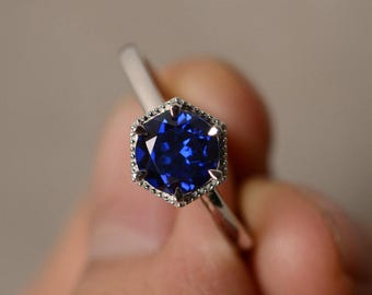 Lab Created Sapphire Ring Sterling Silver Solitaire Ring