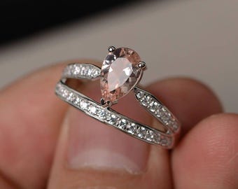 Tear Drop Morganite Engagement Ring Pink Gemstone Ring Crown Ring Silver