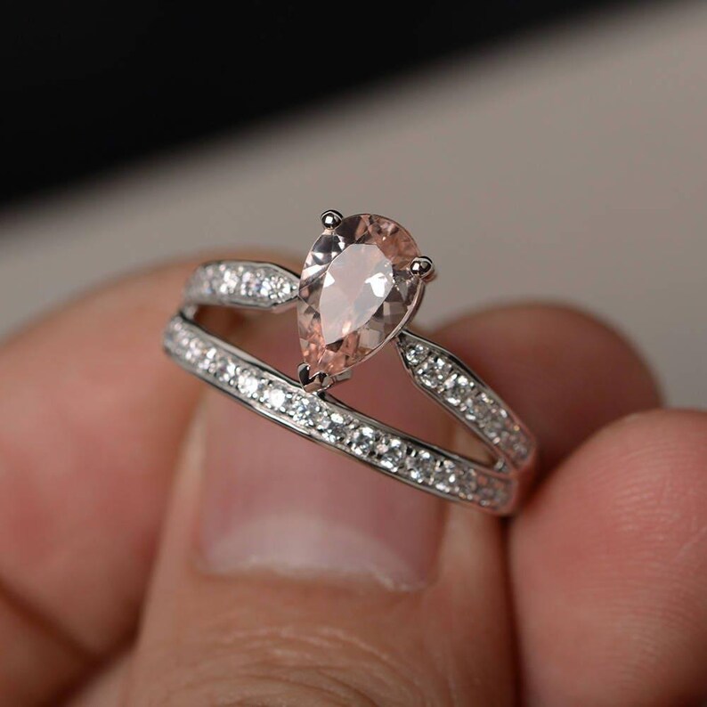 Anillo de compromiso de morganita con forma de lágrima, anillo de piedras preciosas rosas, anillo de corona de plata imagen 1