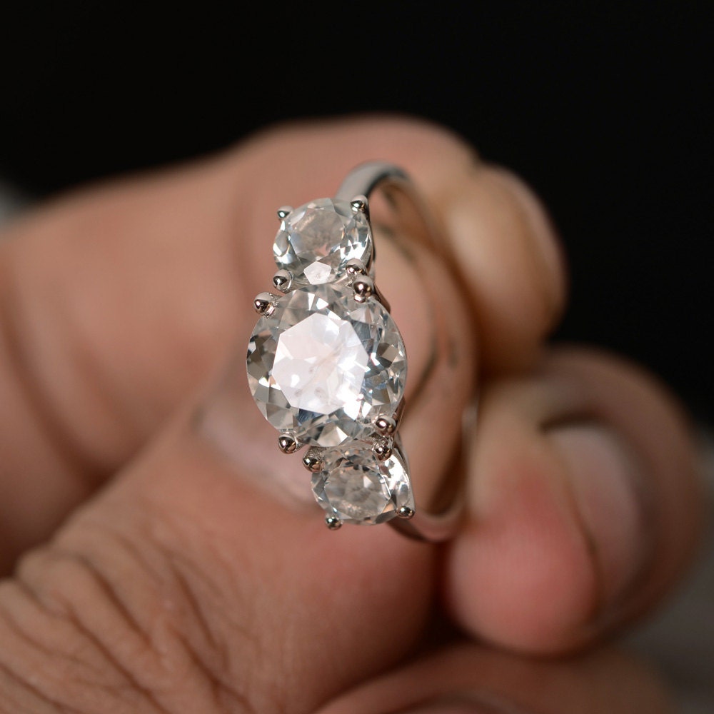 Natural White Topaz Ring Silver Three Stone Ring Promise Ring | Etsy
