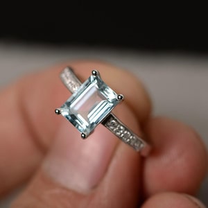 Natural Aquamarine Ring March Birthstone Ring Promise Ring Engagement Ring Sterling Silver Emerald Cut Gemstone Ring Anniversary Ring image 1