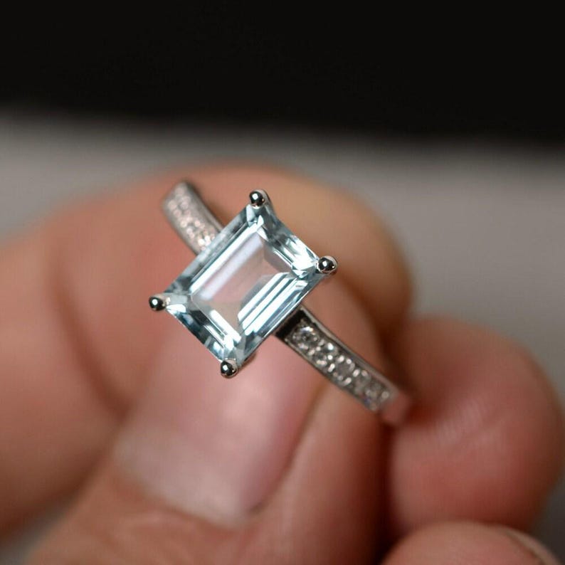 Natural Aquamarine Ring March Birthstone Ring Promise Ring Engagement Ring Sterling Silver Emerald Cut Gemstone Ring Anniversary Ring image 1