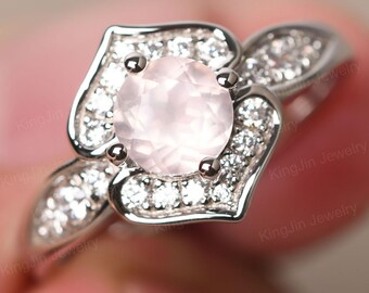 Real Rose Quartz Flora Anniversary Ring Solid Silver Round Cut 6 mm Rose Quartz 2 Heart Ring