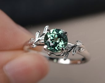 Green Sapphire Engagement Ring Round Cut sterling sliver solitaire branch ring
