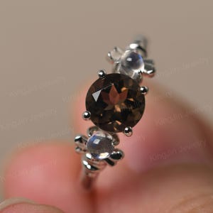 Unique Smoky Quartz and Moonstone Ring Sterling Silver Honey Bee Ring Round Cut Engagement Ring