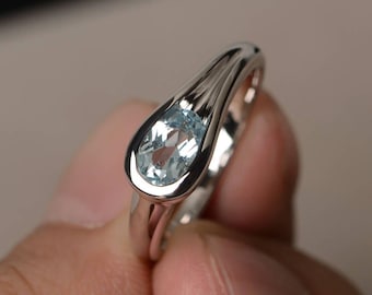 Solitaire Ring Natürlicher Aquamarin Ring Versprechen Ring März Birthstone Oval Cut Blauer Edelstein Sterling Silber Ring