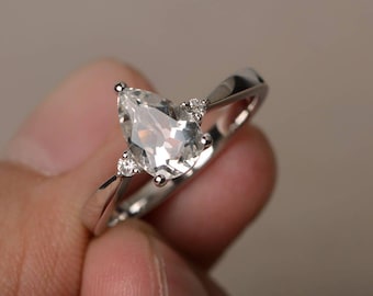Natürliche weiße Topas Ring Verlobungsring Sterling Silber Ring Pear Cut Edelstein