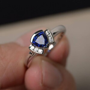 Unique Anniversary Rings Sapphire Rings Trillion Cut Rings Silver Ring Blue Gems Rings September Birthstone