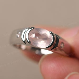 Custom Rose Quartz Ring for Men Sterling Silver Engagement Ring Oval Cut Pink Quartz Ring