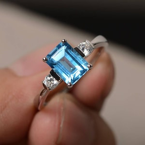 Swiss Blue Topaz Ring Emerald Cut Blue Gemstone Ring For Women Sterling Silver