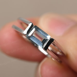 Half Bezel Set Aquamarine Ring Emerald Cut Statement Ring Sterling Silver March Birthstone Ring