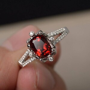 Natural Red Garnet Silver Rings Garnet  Engagement Rings January Birthstone Rings Cushion Cut Rings Customized Rings