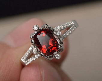 Natural Red Garnet Silver Rings Garnet  Engagement Rings January Birthstone Rings Cushion Cut Rings Customized Rings