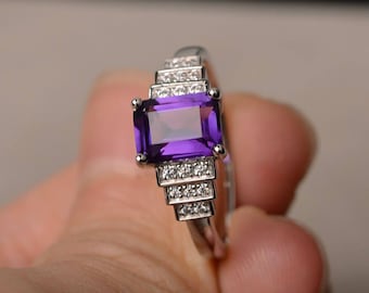 February Birthstone Natural Amethyst Ring Wedding Ring Emerald Cut Purple Gemstone Sterling Silver Ring