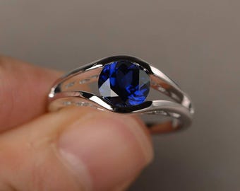 Verlobungsring Lab Blauer Saphir Ring Rundschliff Edelstein Ring September Birthstone Solitaire Ring Sterling Silber Ring