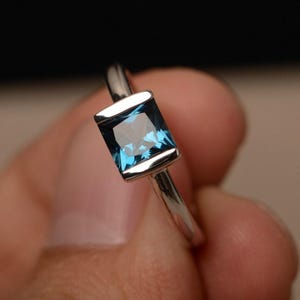 Real Blue Topaz London Blue Topaz Engagement Ring Sterling Silver Princess Cut Half Bezel Set Solitaire Ring