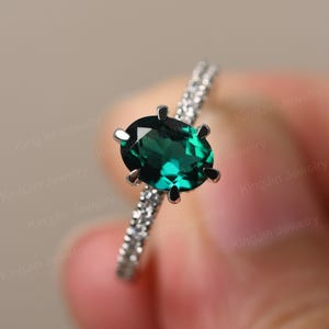 Unique Hidden Halo Wedding Ring Sterling Silver Emerald Ring Oval Shaped May Birthstone Ring