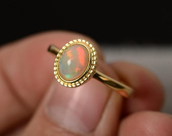 Opal Minimalist Engagement Ring Sterling Silver Yellow Gold Plated October Birthstone Ring