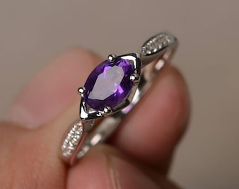Natural Amethyst Ring Engagement Ring February Birthstone Ring Purple Gemstone Oval Cut Gemstone Sterling Silver Ring