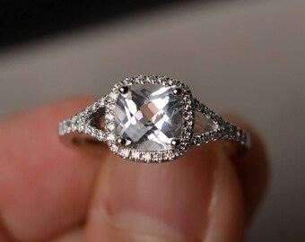 Natural White Topaz Ring Wedding Ring Sterling Silver Ring Cushion Cut Gemstone