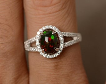 Black Opal Ring Sterling Silver Halo Ring