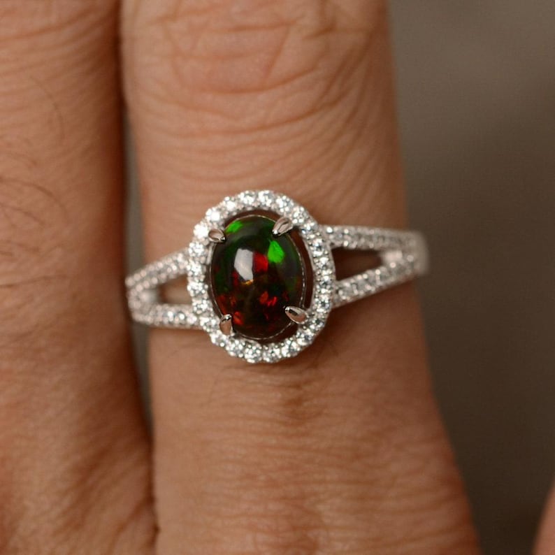 Black Opal Ring Sterling Silver Halo Ring image 1