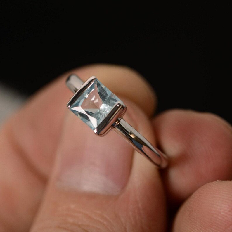 Natural Aquamarine Ring Solitaire Ring Sterling Silver Princess Cut Ring March Birthstone Ring image 3