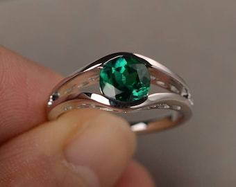 Round Cut Ring Lab Emerald Ring Wedding Ring Sterling Silver Ring May Birthstone Green Gemstone Ring Solitaire Ring