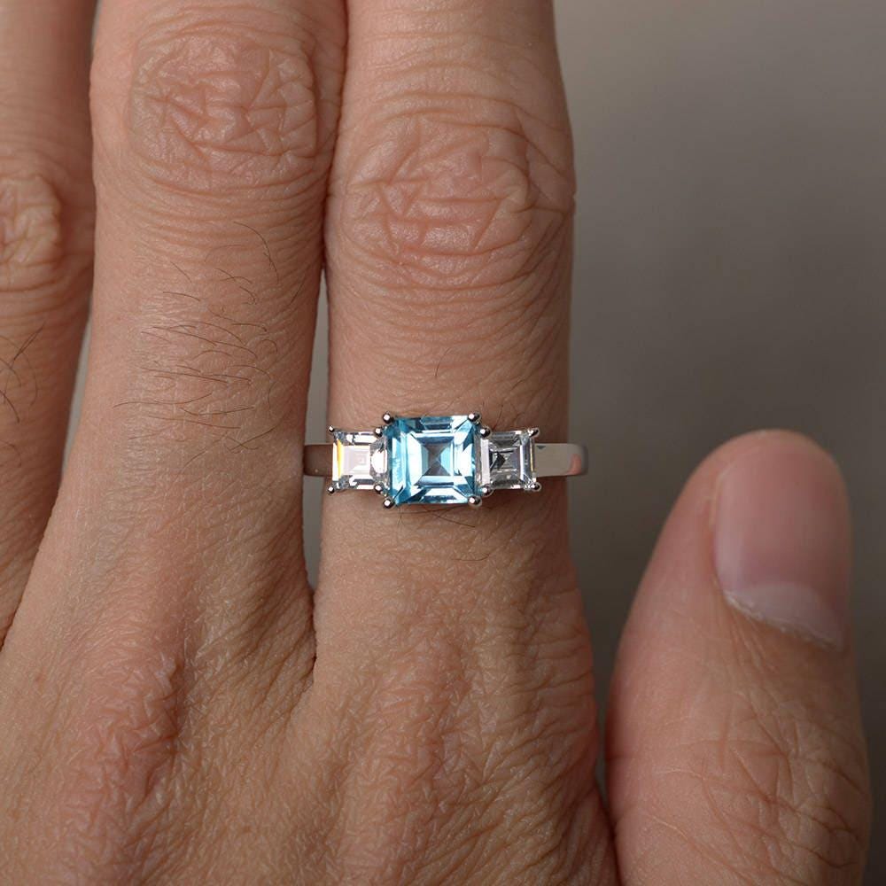 Square Cut Swiss Blue Topaz Silver Rings Anniversary Rings Solid Silver ...