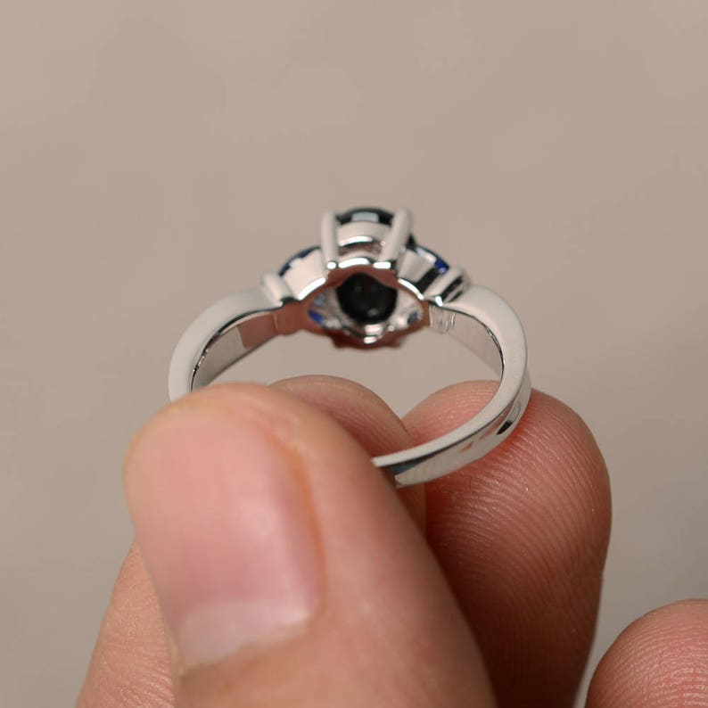 Promise Rings Natural Black Spinel Rings Oval Cut Black Gemstone Solid Silver Rings Blue Sapphire Accents